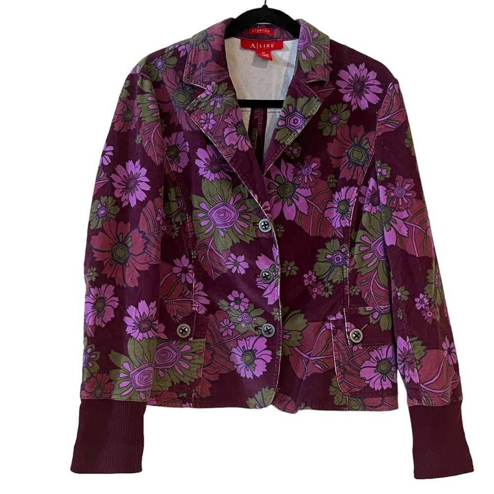 Anne Klein A Line Corduroy Flower Power Purple Jacket 12 - Picture 1 of 5
